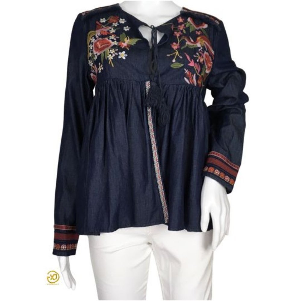 New Desigual Women's Embroidery Details Ruffle Blouse Blue Sz XL